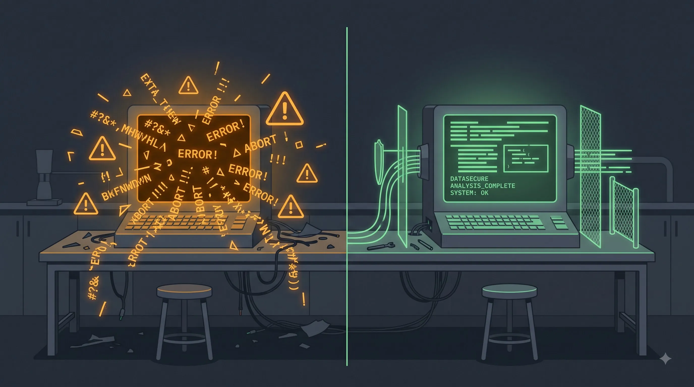 Split lab bench showing chaotic vs controlled AI output
