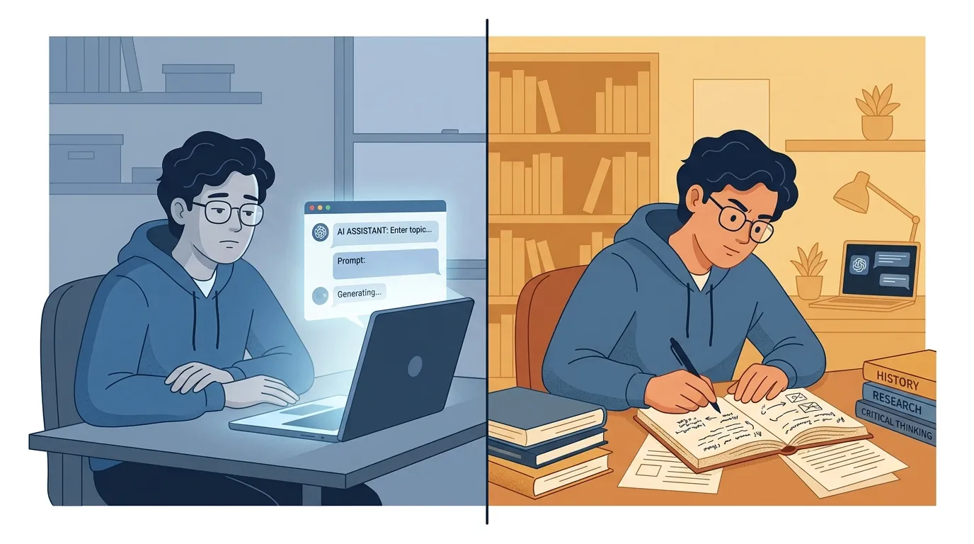 Split-scene illustration showing AI as crutch vs AI as coach for students