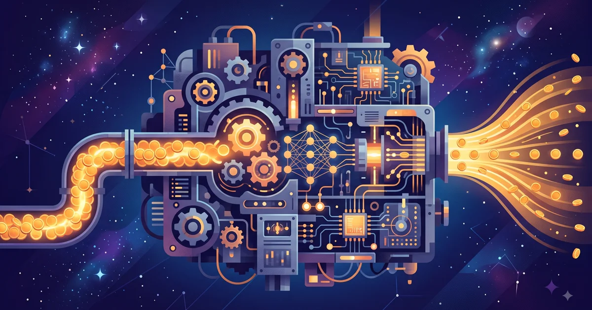 Abstract factory-and-currency illustration representing AI inference billing by token