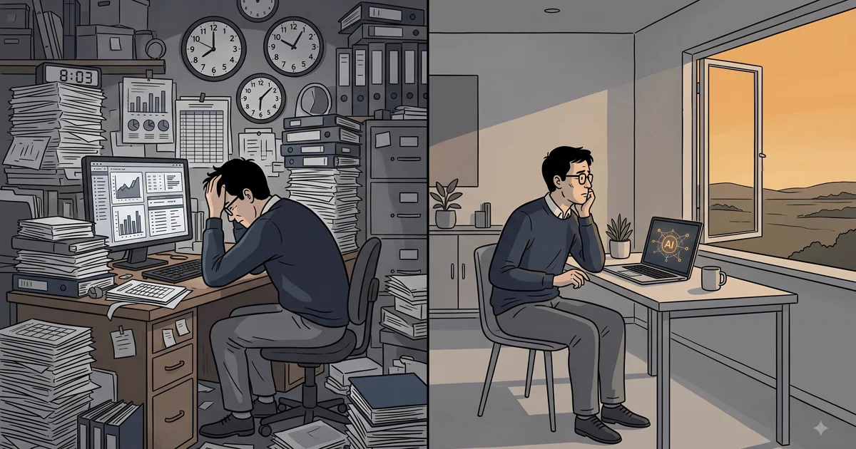 Split illustration: overwhelming mechanical work on the left, cleared space with unanswered horizon on the right