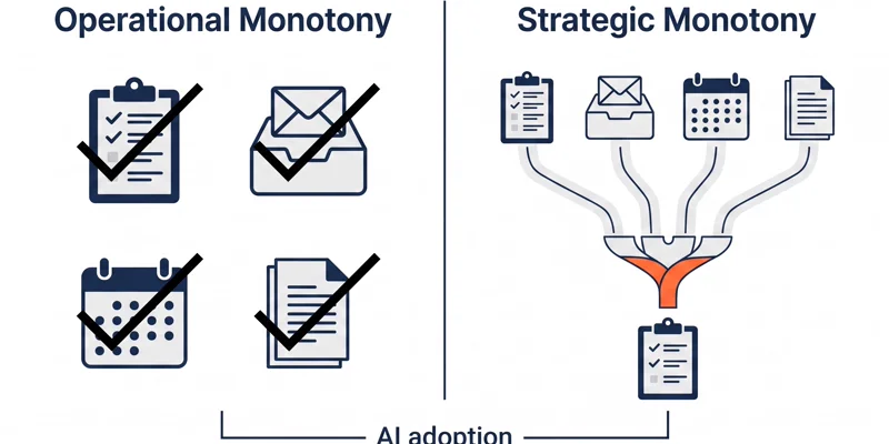 Two columns: repetitive tasks eliminated on the left, brand differentiation converging on the right