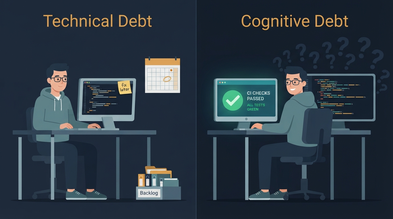Technical debt vs cognitive debt comparison