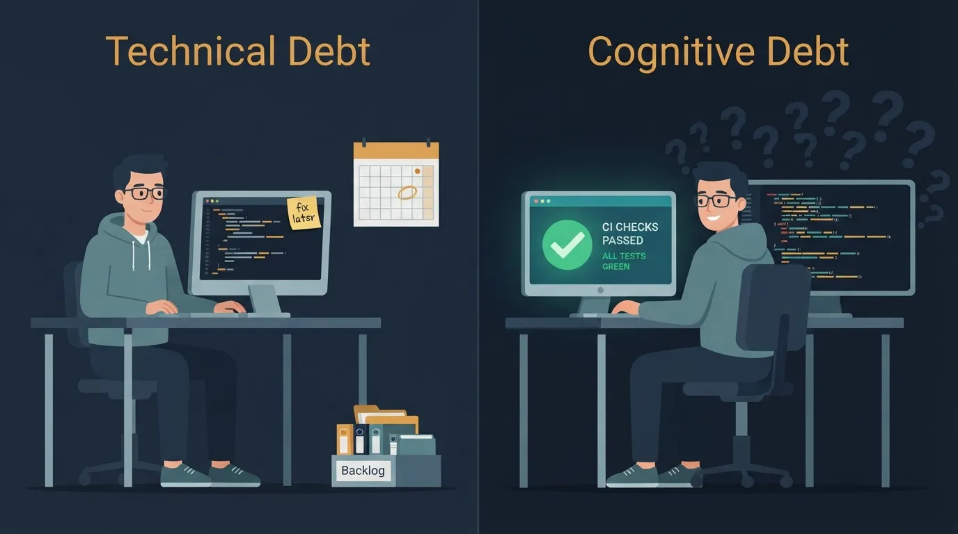 Technical debt vs cognitive debt comparison