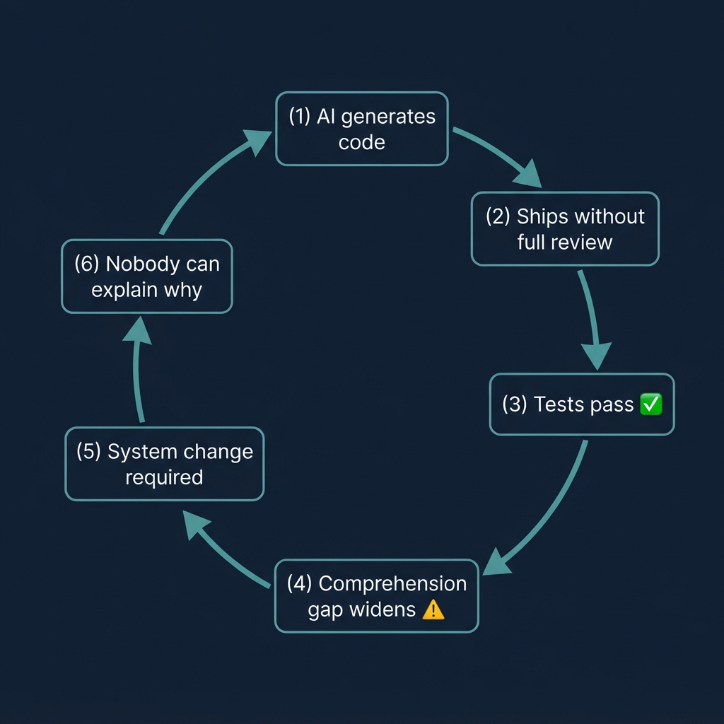 Cognitive debt accumulation loop diagram