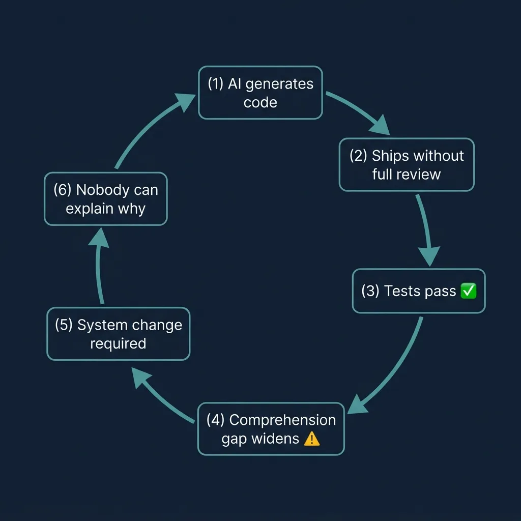 Cognitive debt accumulation loop diagram