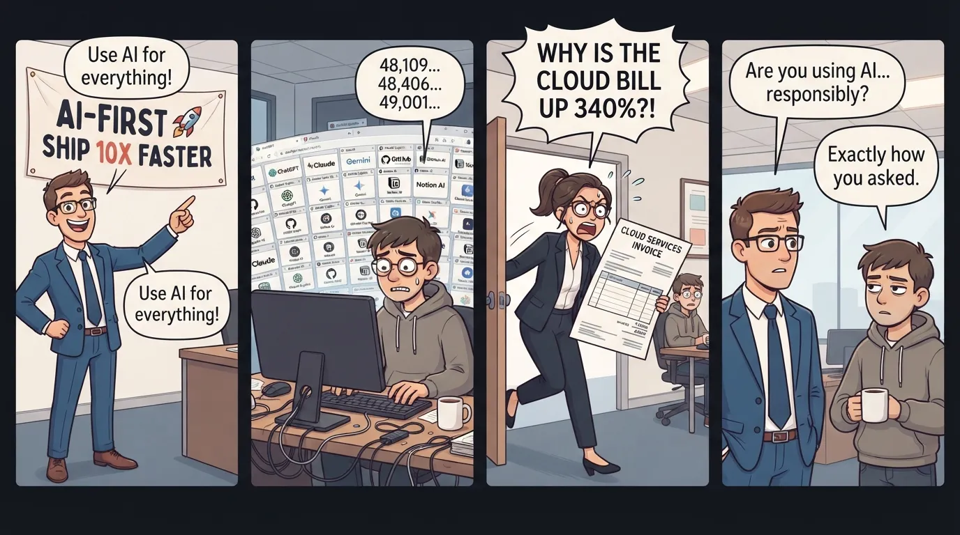 Comic strip showing the strategy gap between AI-first mandate and actual team execution