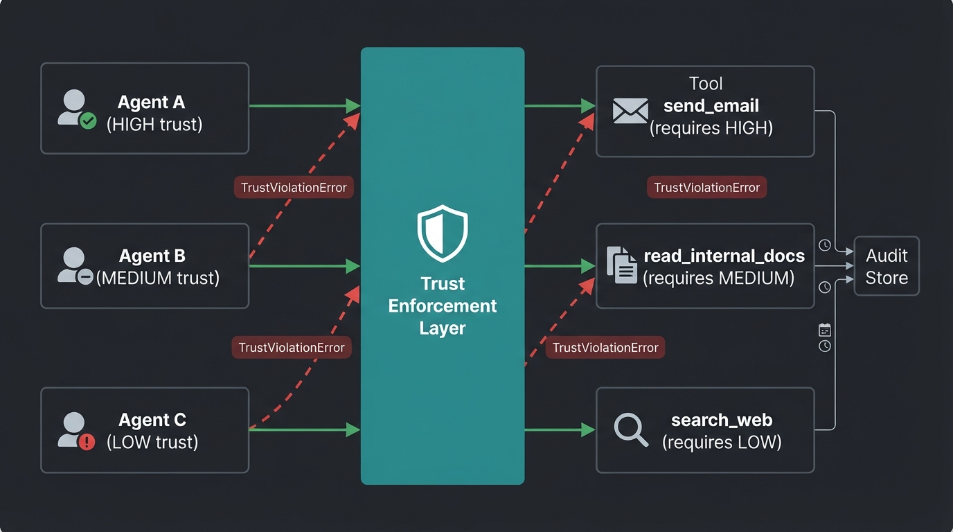 MCP trust boundary architecture showing trust levels and enforcement layer